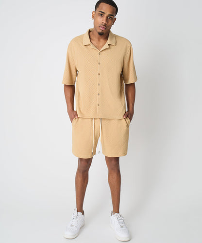 Reason Clothing Latest | Diamond Pattern Textured Knit Button-Down Shirt - Taupe