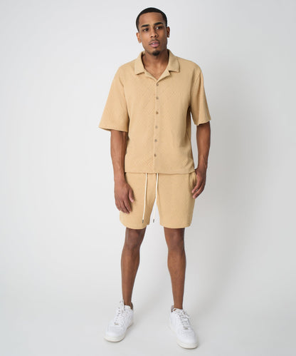 Reason Clothing Latest | Diamond Pattern Textured Knit Button-Down Shirt - Taupe