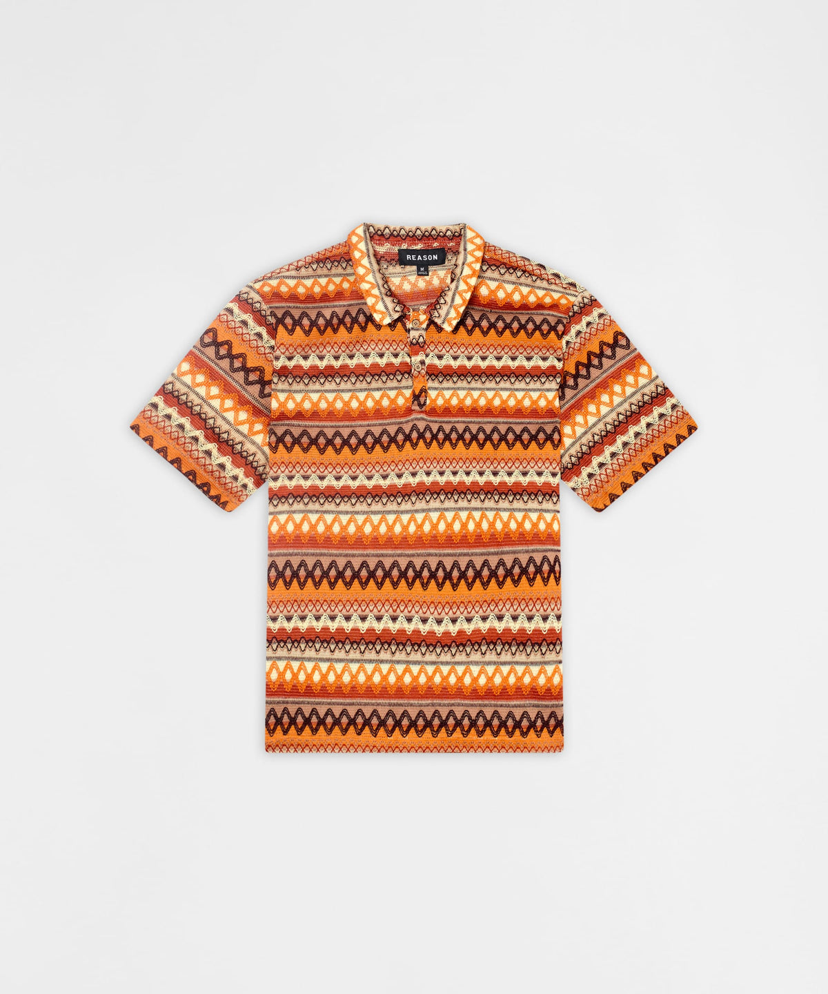 Reason Clothing Customer Favorite | Retro Jacquard Button-Down Short Sleeve Polo Shirt - Brown