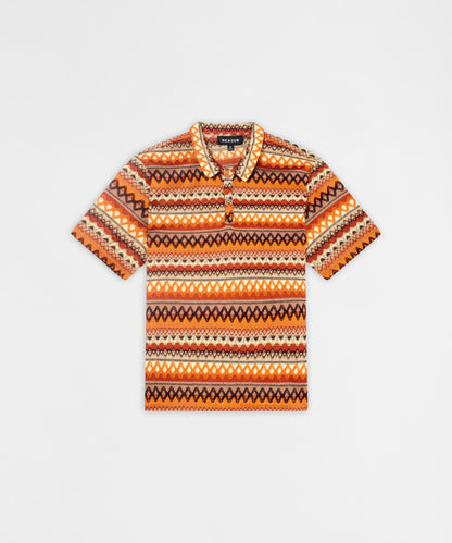Reason Clothing Customer Favorite | Retro Jacquard Button-Down Short Sleeve Polo Shirt - Brown
