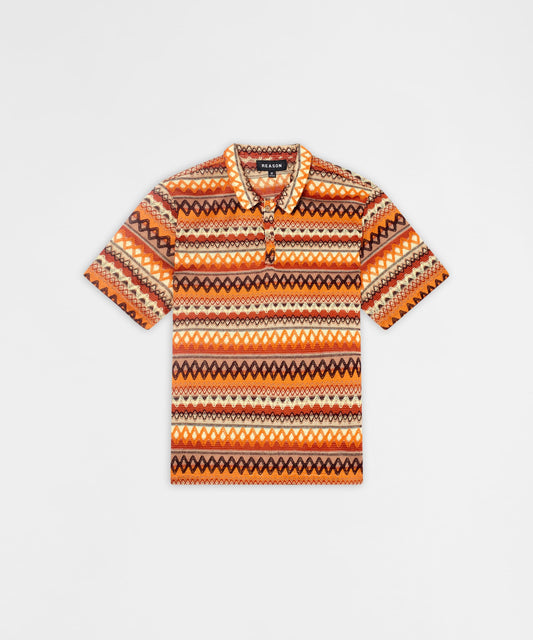 Reason Clothing Customer Favorite | Retro Jacquard Button-Down Short Sleeve Polo Shirt - Brown