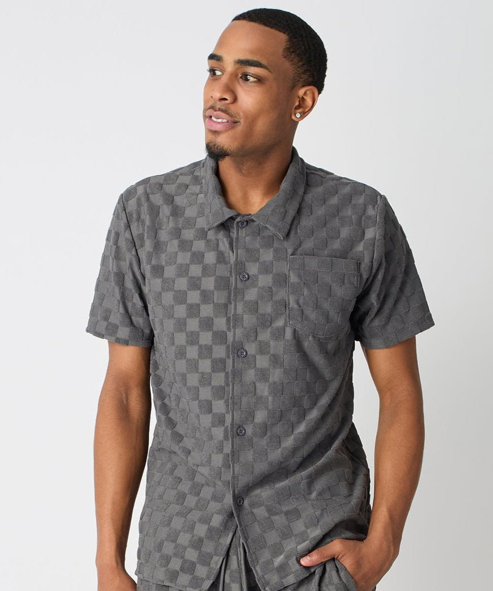 Reason Clothing Everyday | Checkerboard Viscose Button-Down Shirt - Grey