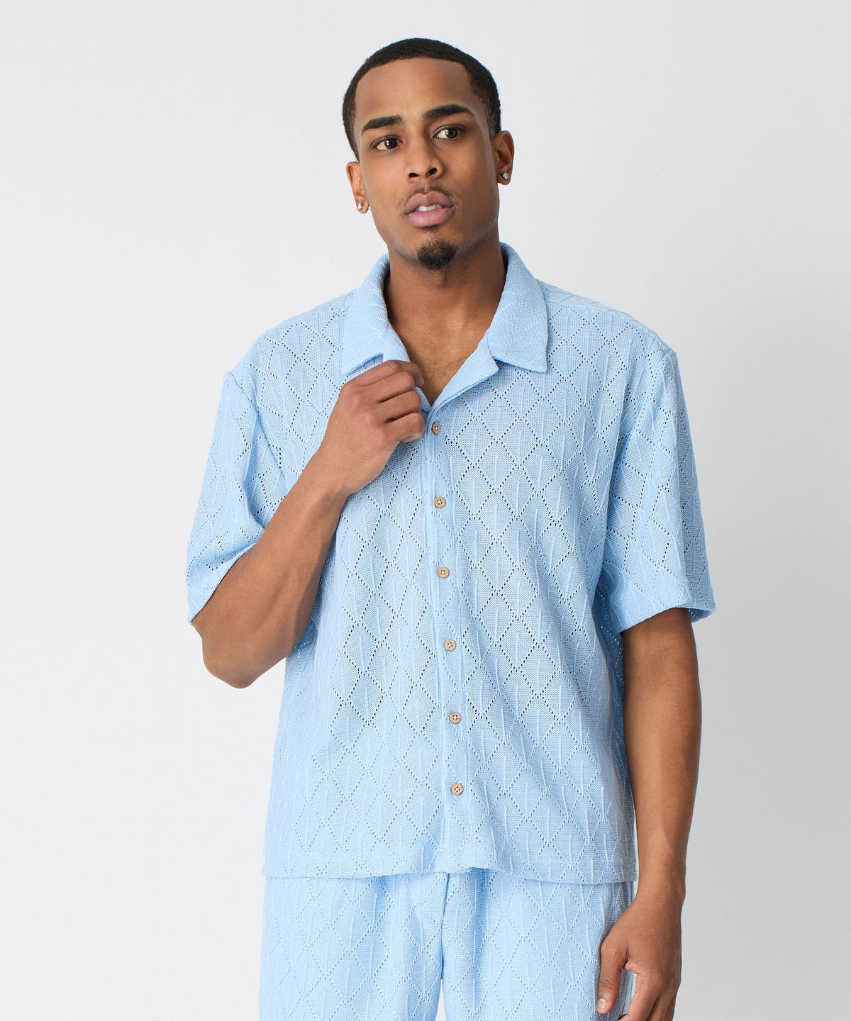 Reason Clothing Featured | Diamond Plate Viscose Short Sleeve Shirt - Light Blue