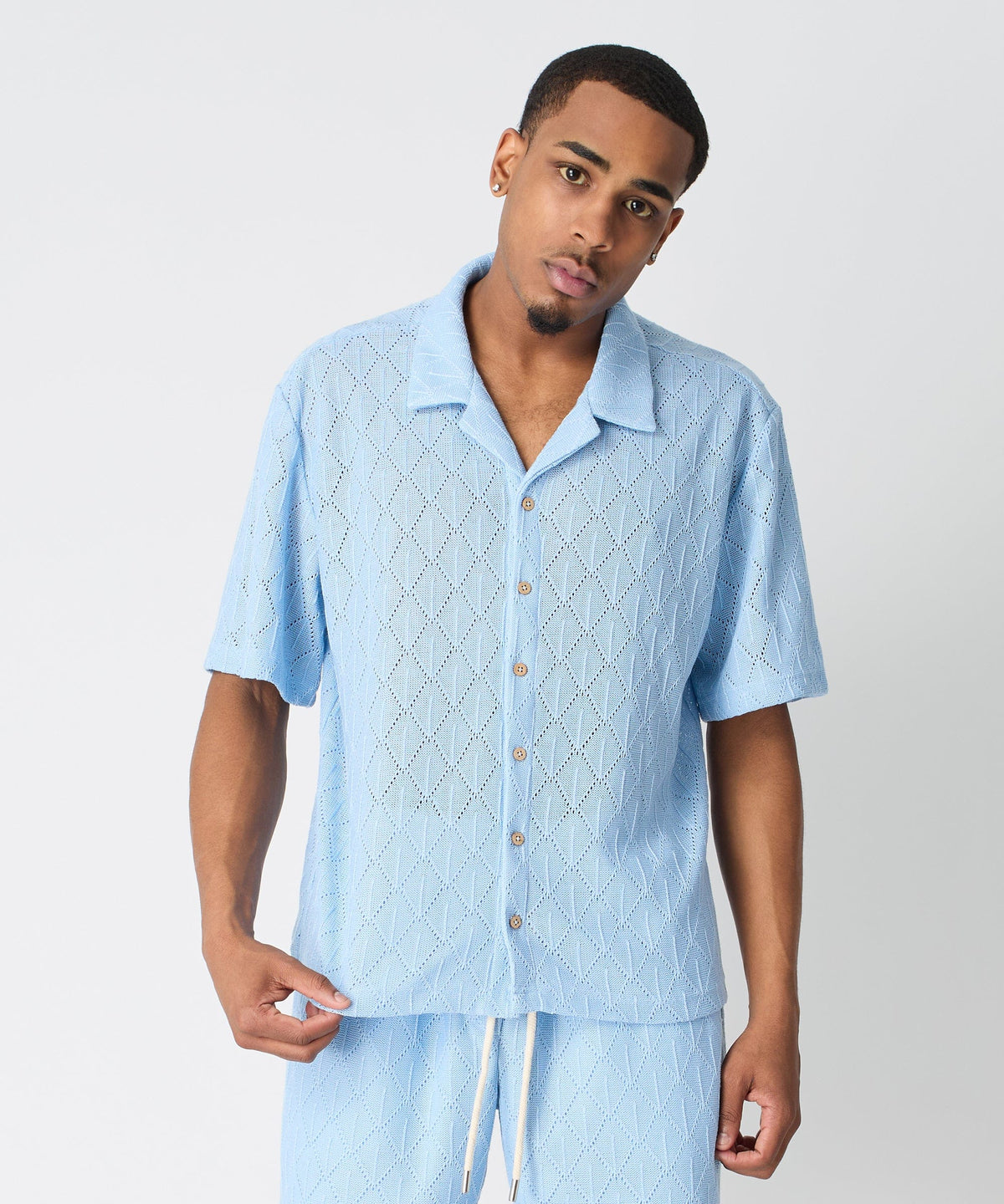 Reason Clothing Featured | Diamond Plate Viscose Short Sleeve Shirt - Light Blue