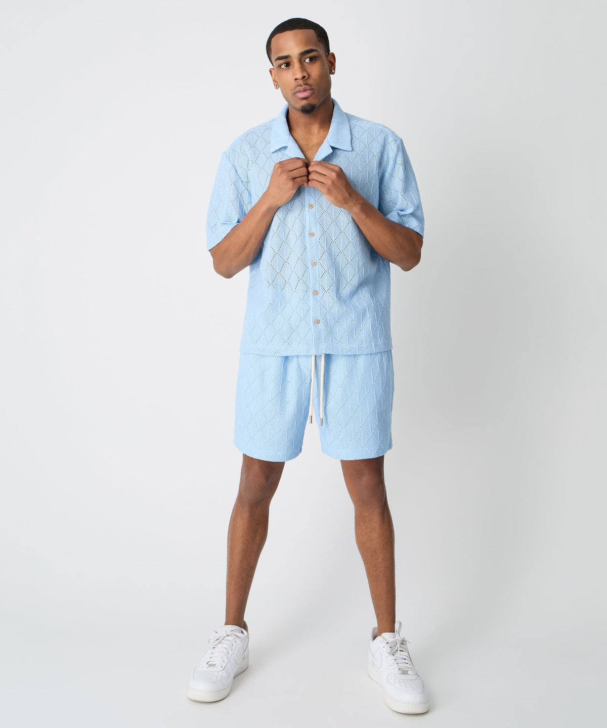 Reason Clothing Featured | Diamond Plate Viscose Short Sleeve Shirt - Light Blue