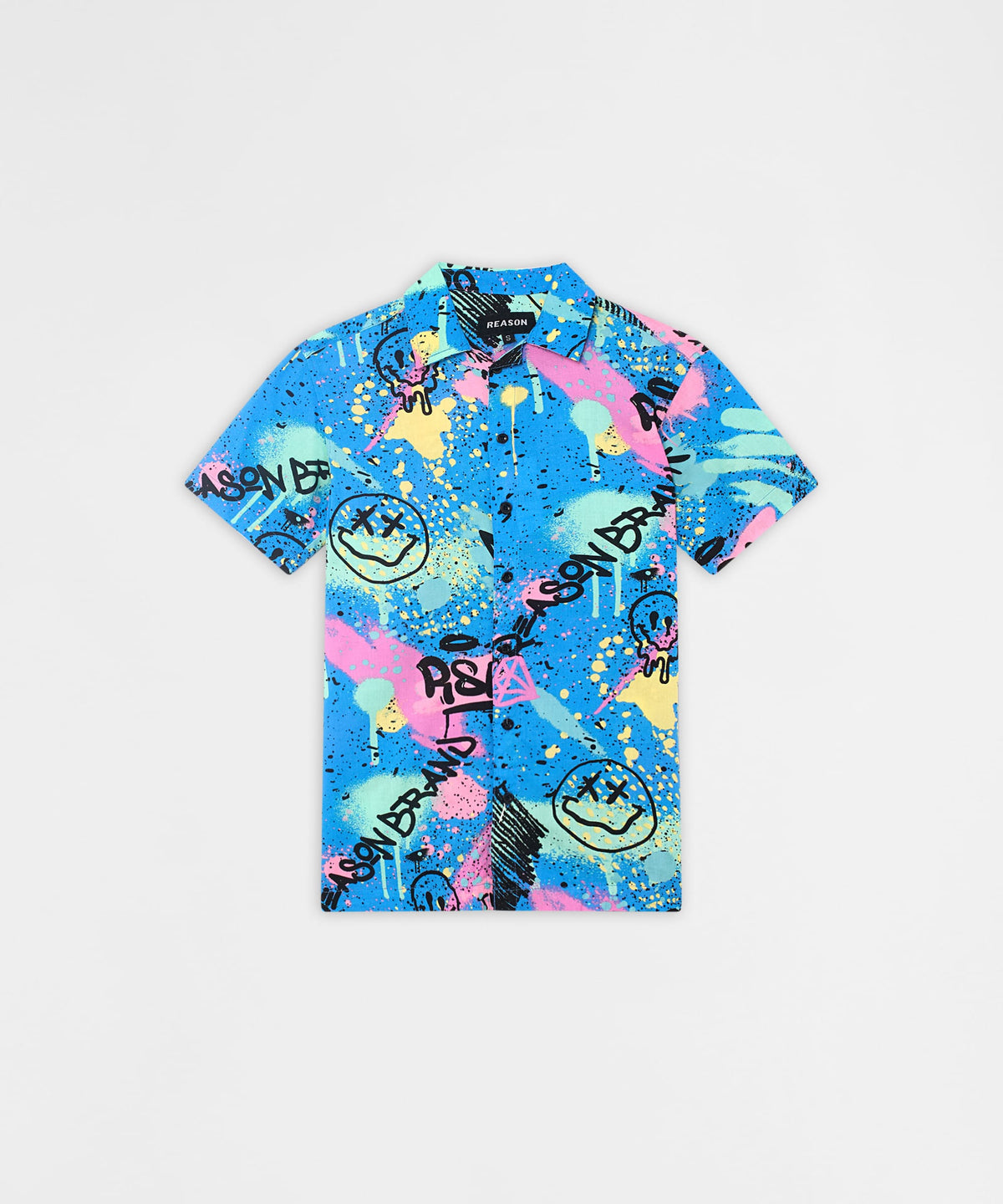 Reason Clothing Special Offer | Graffiti Viscose Button-Down Short Sleeve Shirt - Multicolor