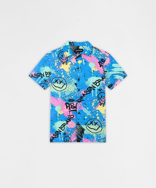 Reason Clothing Special Offer | Graffiti Viscose Button-Down Short Sleeve Shirt - Multicolor