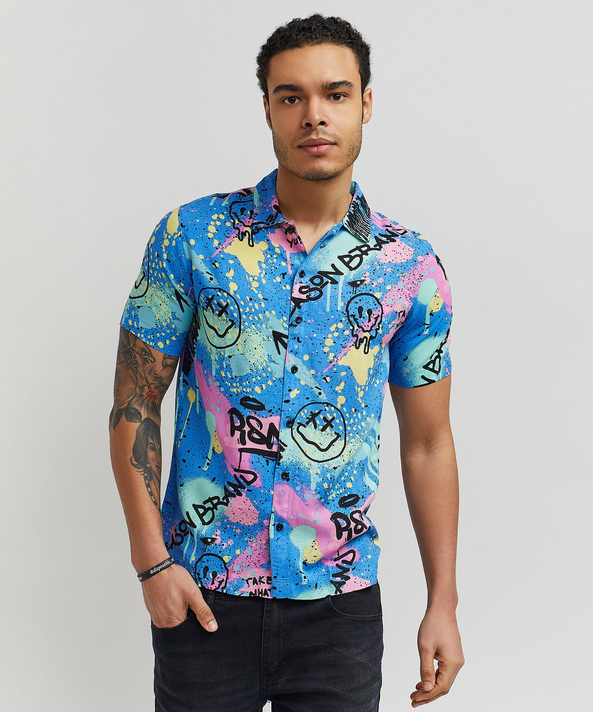 Reason Clothing Special Offer | Graffiti Viscose Button-Down Short Sleeve Shirt - Multicolor