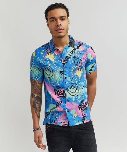 Reason Clothing Special Offer | Graffiti Viscose Button-Down Short Sleeve Shirt - Multicolor