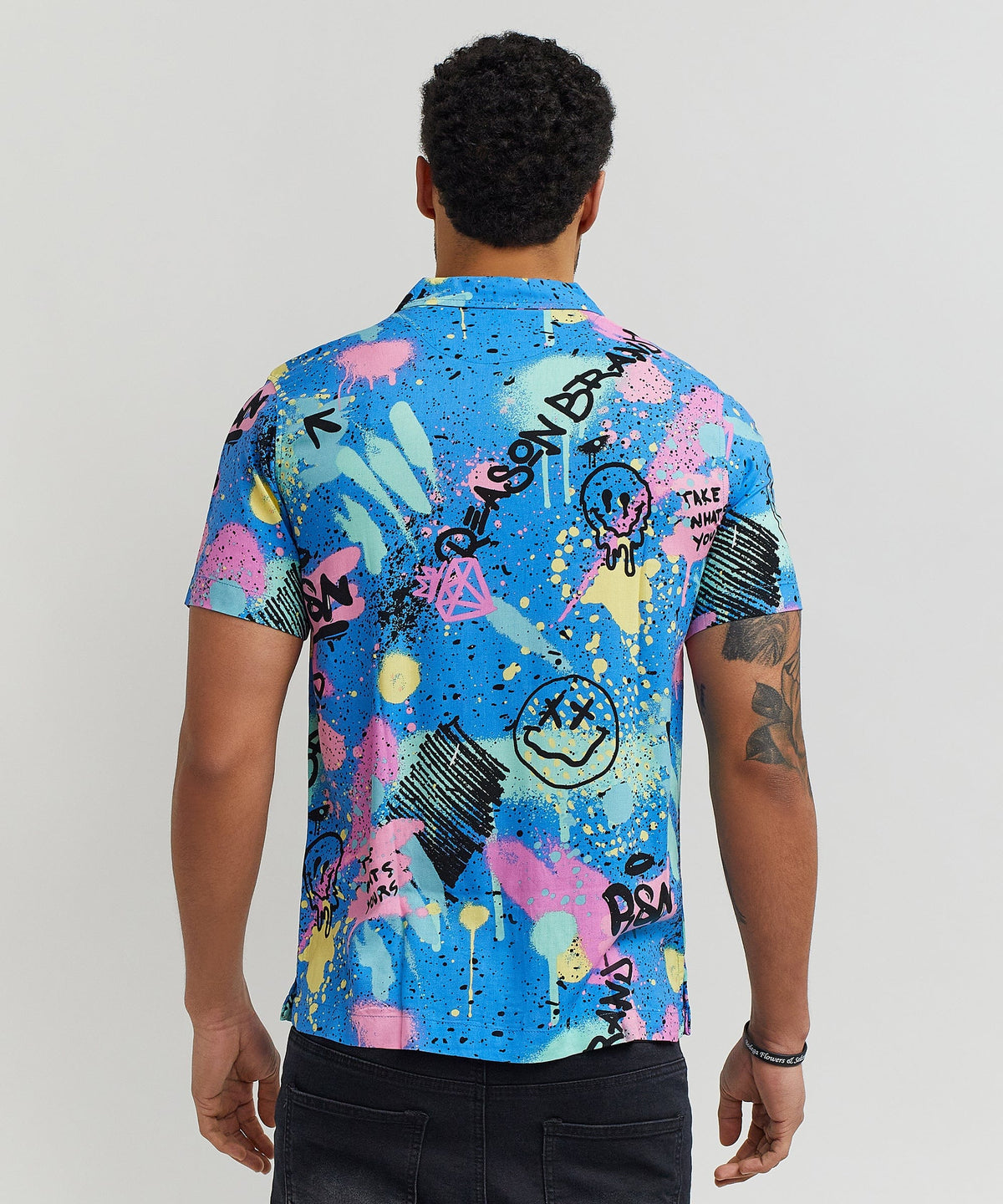 Reason Clothing Special Offer | Graffiti Viscose Button-Down Short Sleeve Shirt - Multicolor