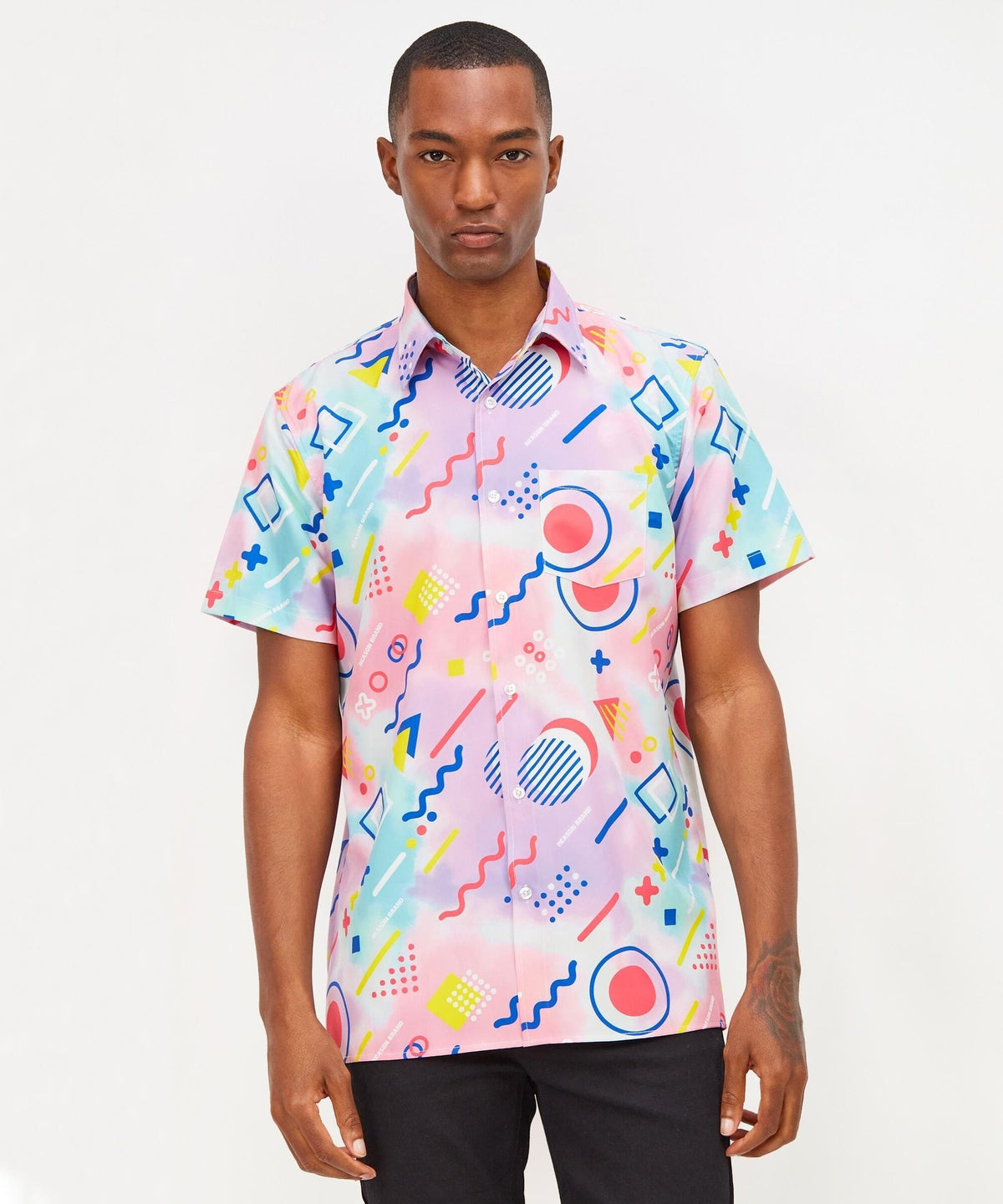 Reason Clothing Exclusive | Retro Geometric Viscose Button-Down Short Sleeve Shirt - Multicolor