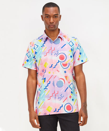 Reason Clothing Exclusive | Retro Geometric Viscose Button-Down Short Sleeve Shirt - Multicolor