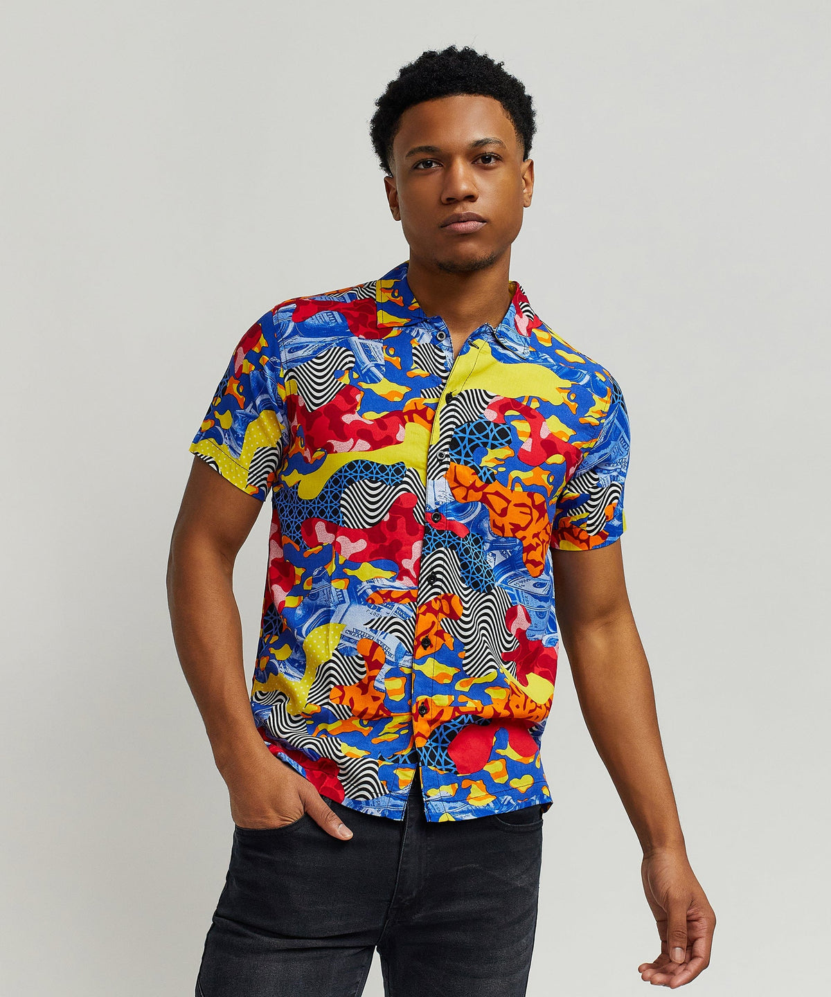 Reason Clothing Special Offer | Wavy Viscose Button-Down Short Sleeve Shirt - Multicolor