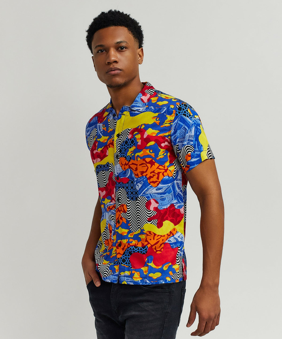 Reason Clothing Special Offer | Wavy Viscose Button-Down Short Sleeve Shirt - Multicolor