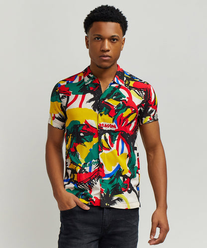 Reason Clothing Great Value | Abstract Viscose Button-Down Short Sleeve Shirt - Multicolor