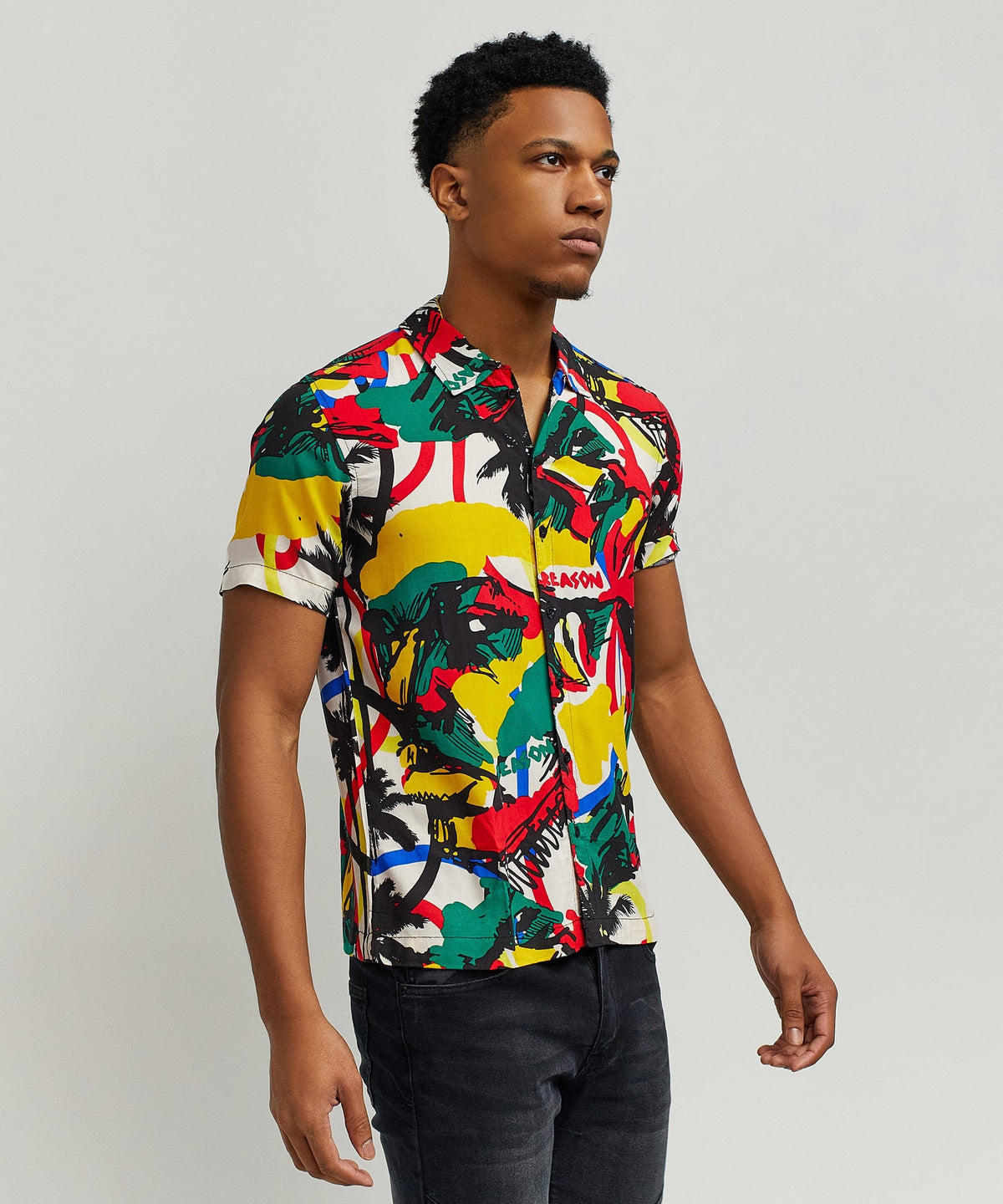 Reason Clothing Great Value | Abstract Viscose Button-Down Short Sleeve Shirt - Multicolor