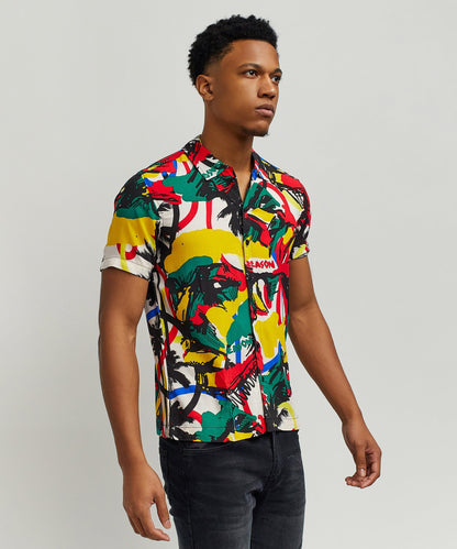Reason Clothing Great Value | Abstract Viscose Button-Down Short Sleeve Shirt - Multicolor