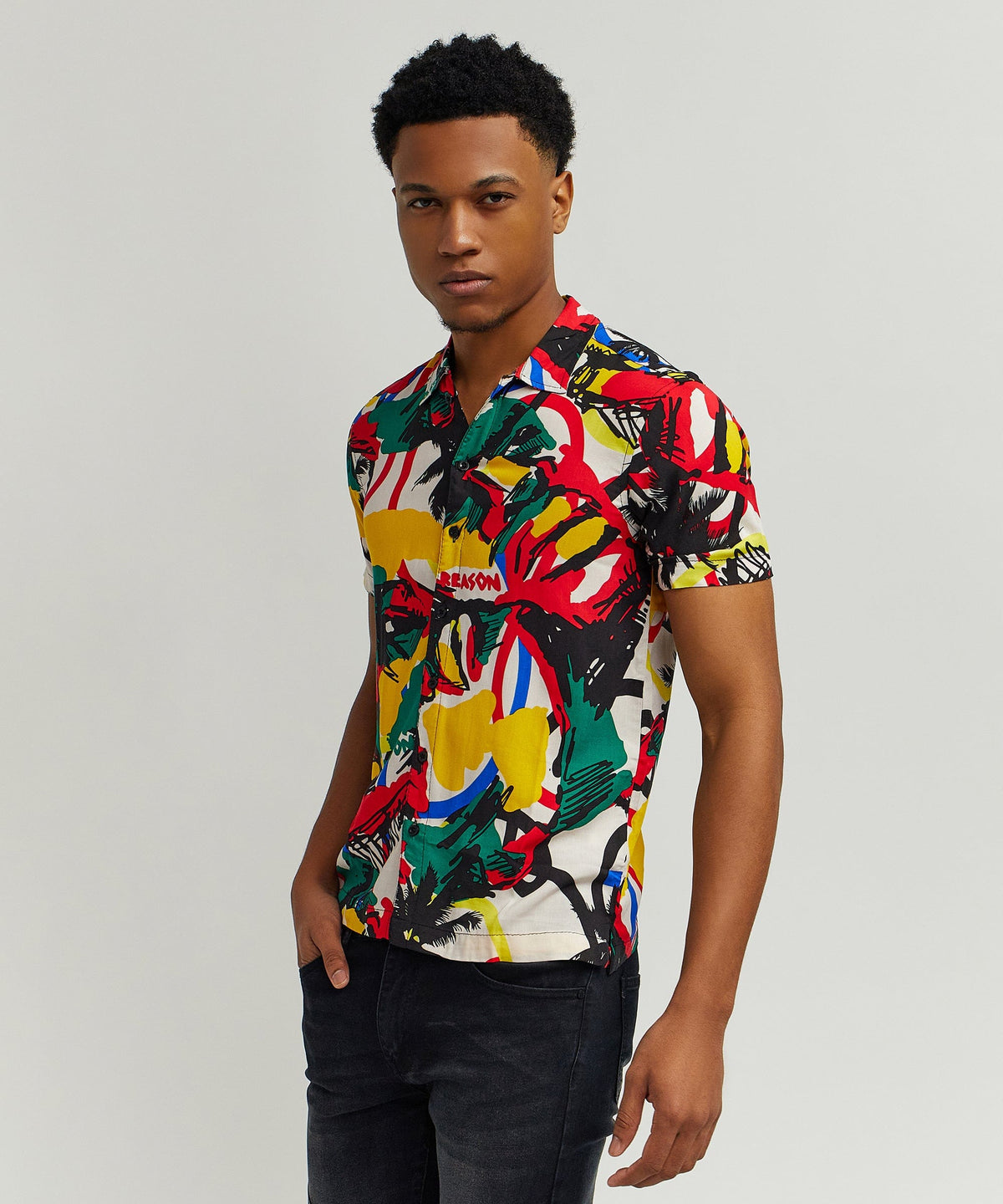 Reason Clothing Great Value | Abstract Viscose Button-Down Short Sleeve Shirt - Multicolor