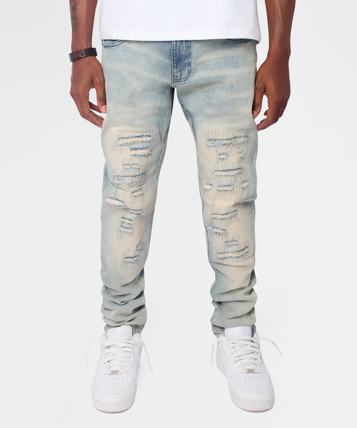 Reason Clothing Popular | Light Wash Repaired Denim Jeans - Blue