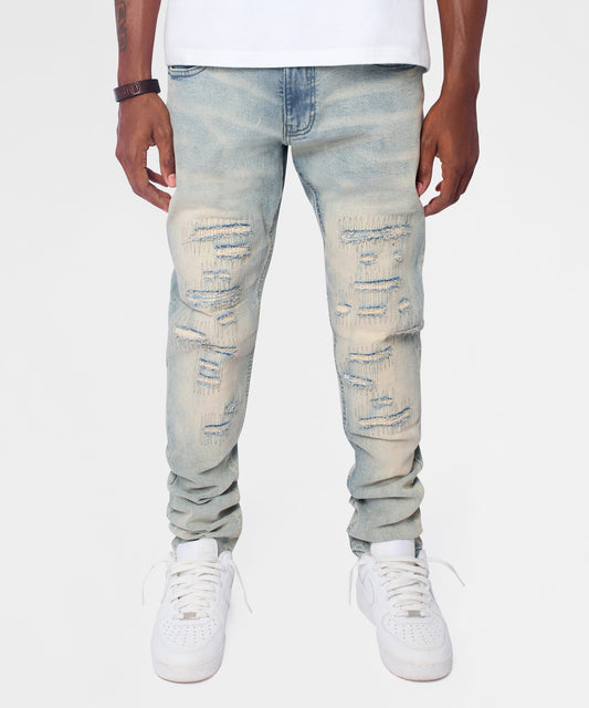 Reason Clothing Popular | Light Wash Repaired Denim Jeans - Blue