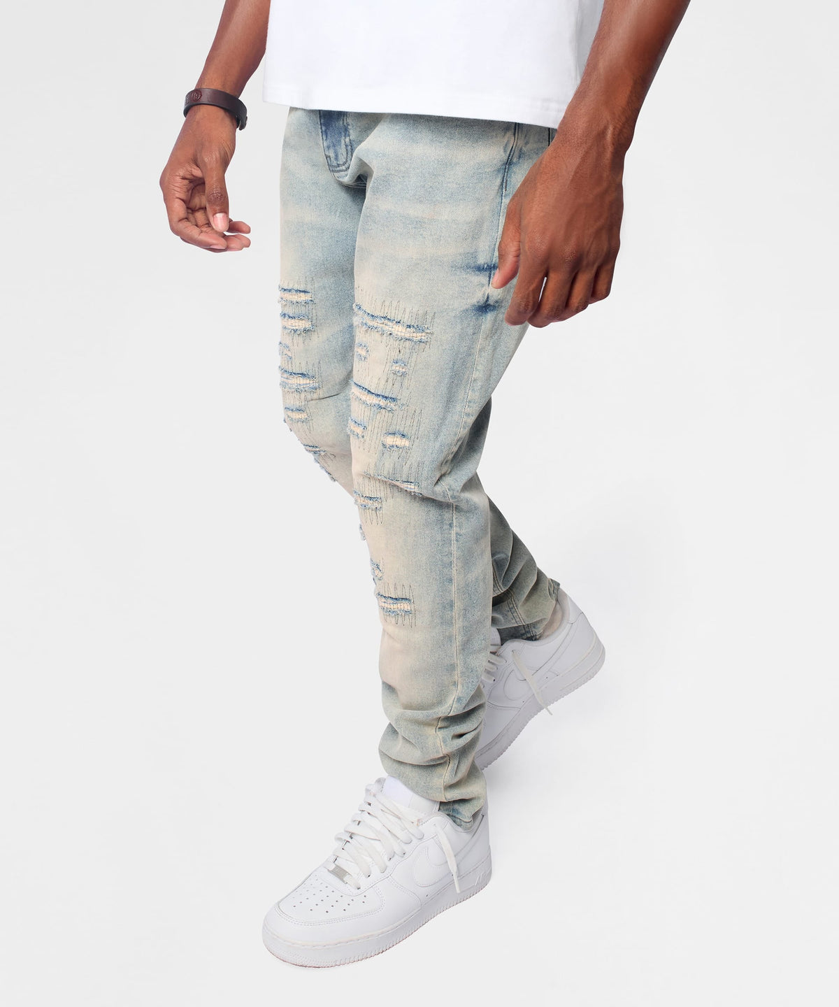 Reason Clothing Popular | Light Wash Repaired Denim Jeans - Blue