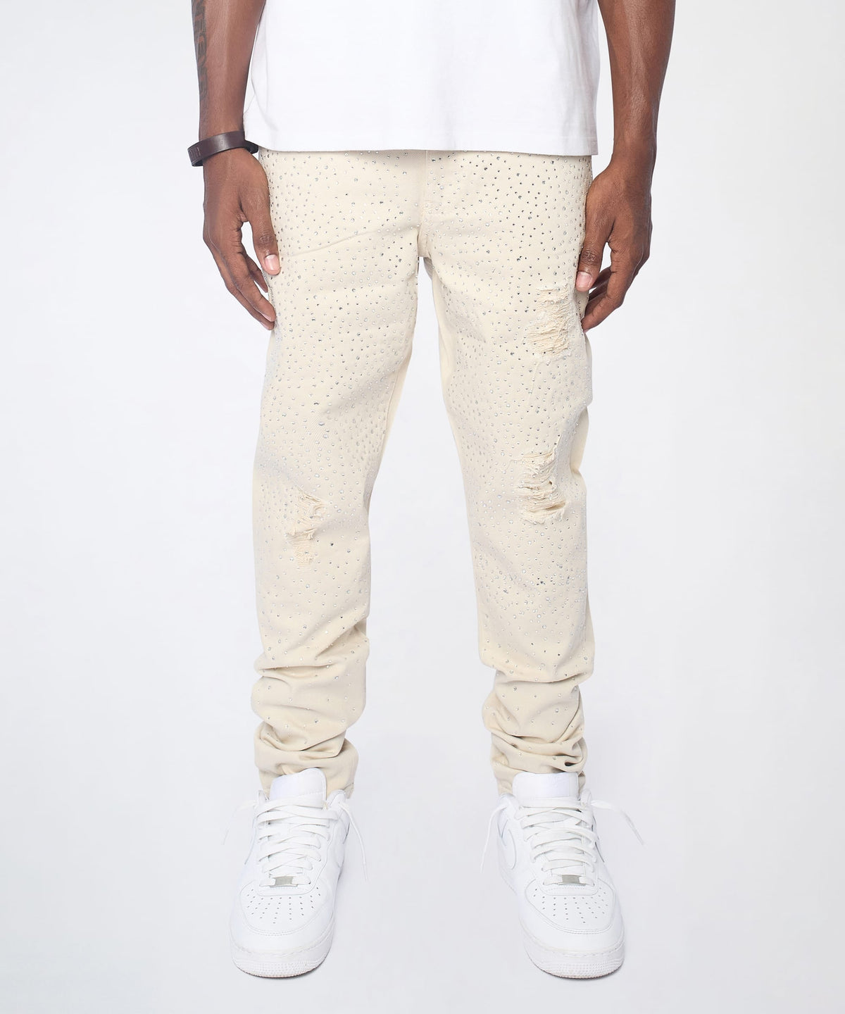 Reason Clothing Classic | Diamond Dust Rhinestone Skinny Jeans - Cream