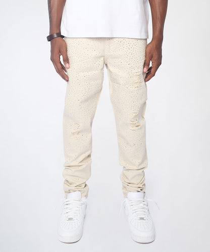 Reason Clothing Classic | Diamond Dust Rhinestone Skinny Jeans - Cream