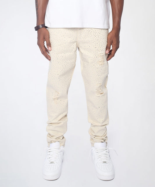 Reason Clothing Classic | Diamond Dust Rhinestone Skinny Jeans - Cream