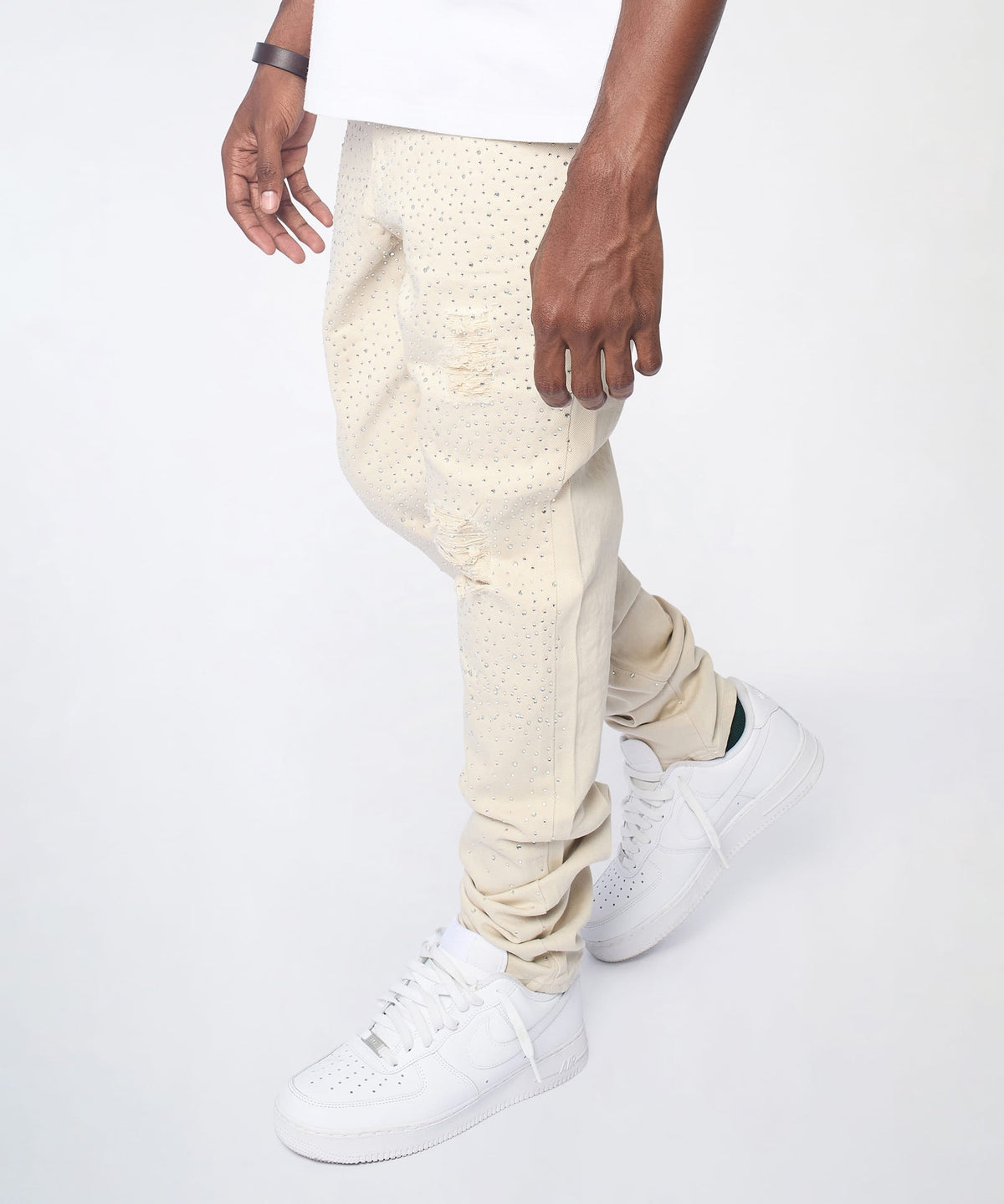 Reason Clothing Classic | Diamond Dust Rhinestone Skinny Jeans - Cream