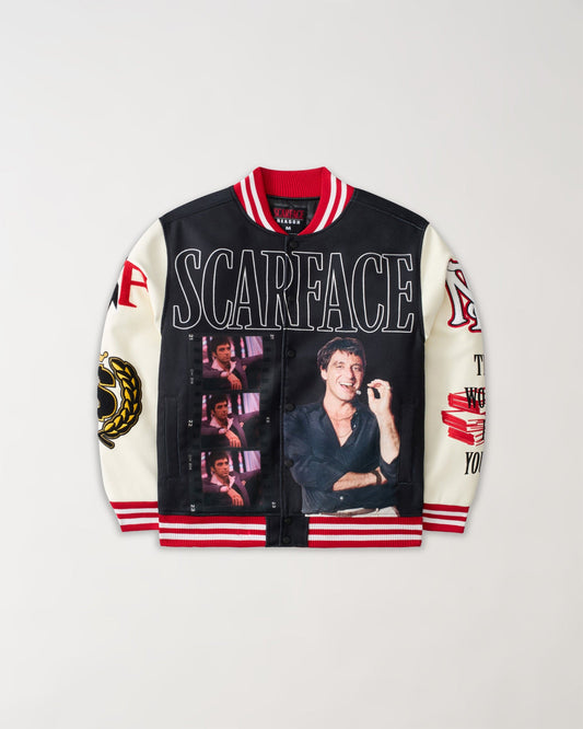 Reason Clothing Best Price | Scarface Power PU Sleeves Varsity Jacket - Black