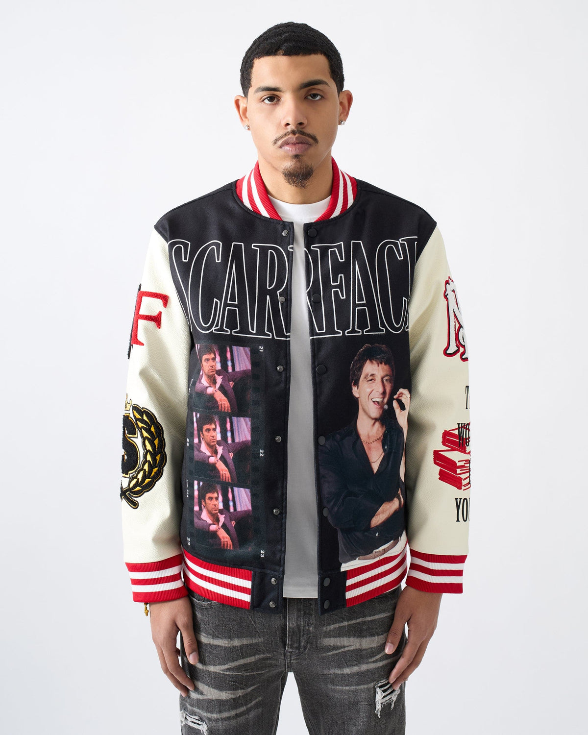 Reason Clothing Best Price | Scarface Power PU Sleeves Varsity Jacket - Black