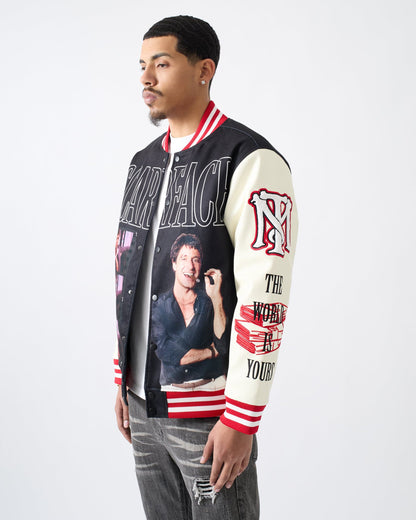 Reason Clothing Best Price | Scarface Power PU Sleeves Varsity Jacket - Black