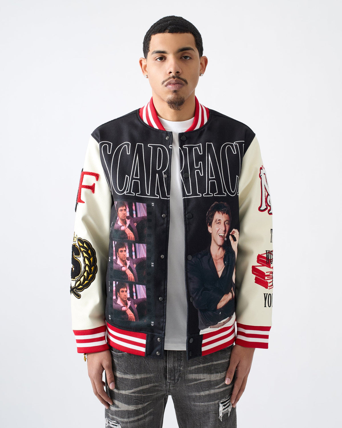 Reason Clothing Best Price | Scarface Power PU Sleeves Varsity Jacket - Black
