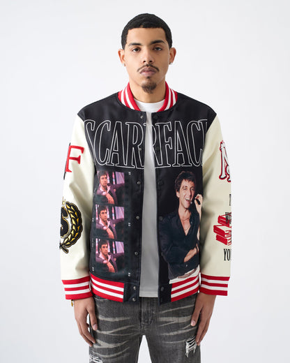 Reason Clothing Best Price | Scarface Power PU Sleeves Varsity Jacket - Black