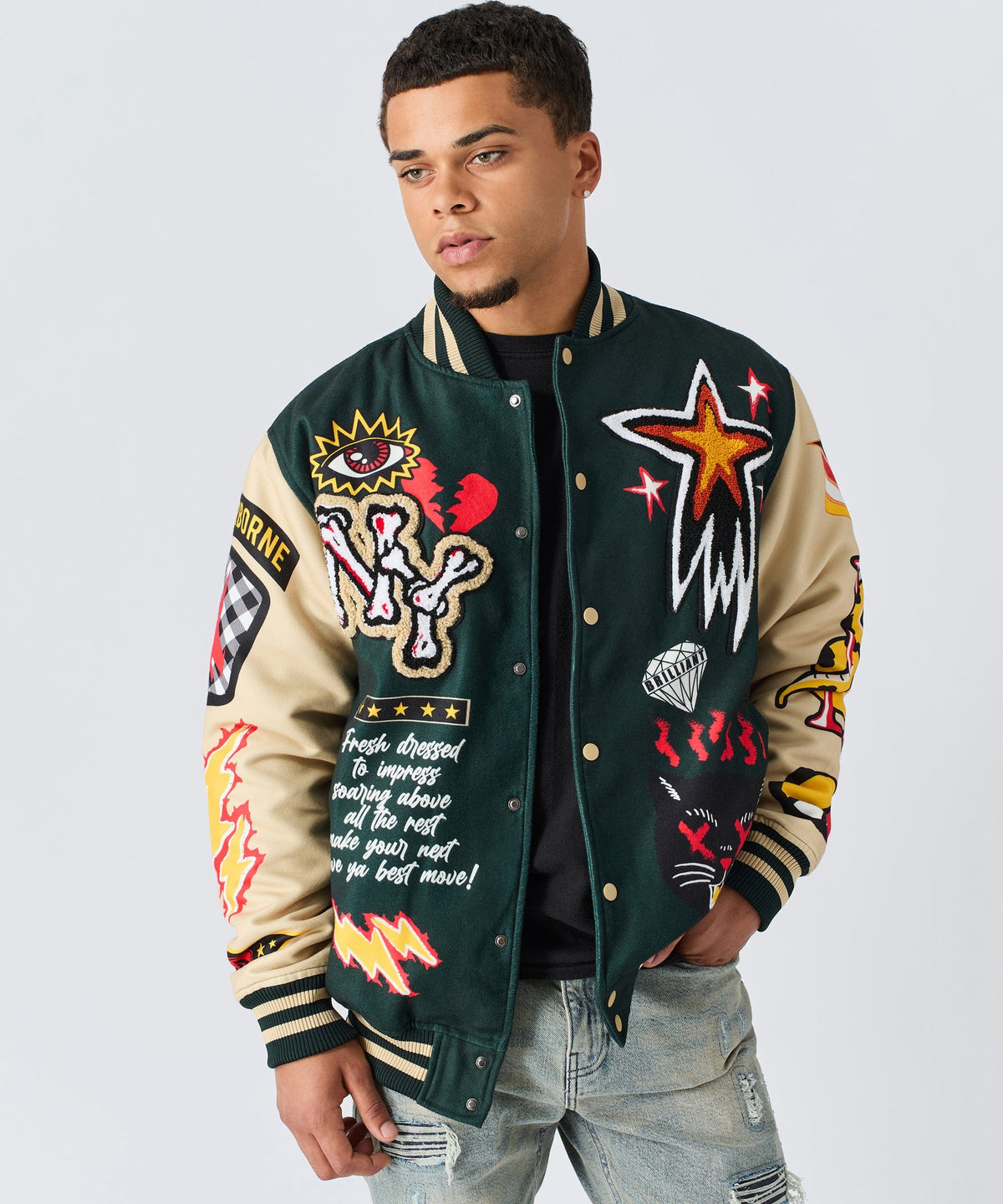 Reason Clothing Value | Super Fly Chenille Varsity Jacket - Green