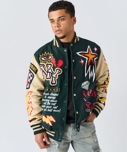 Reason Clothing Value | Super Fly Chenille Varsity Jacket - Green