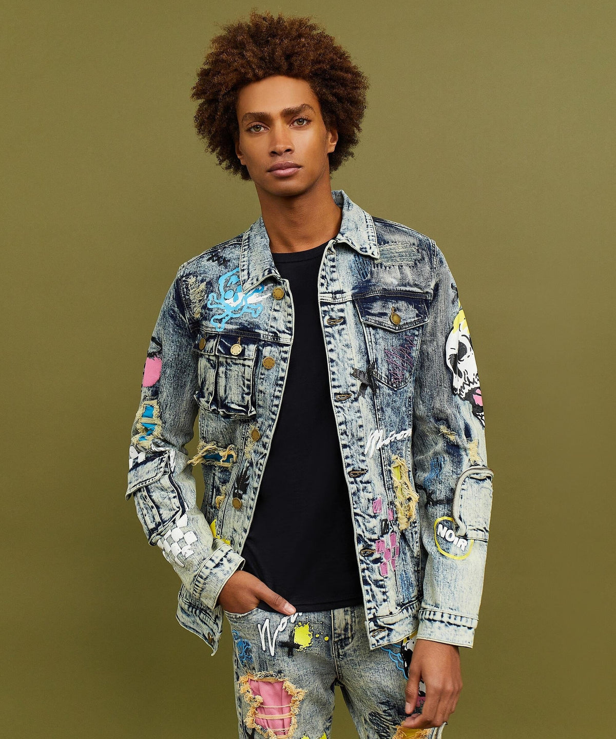 Reason Clothing New | Skull Multi Patched Embroidery Denim Jacket