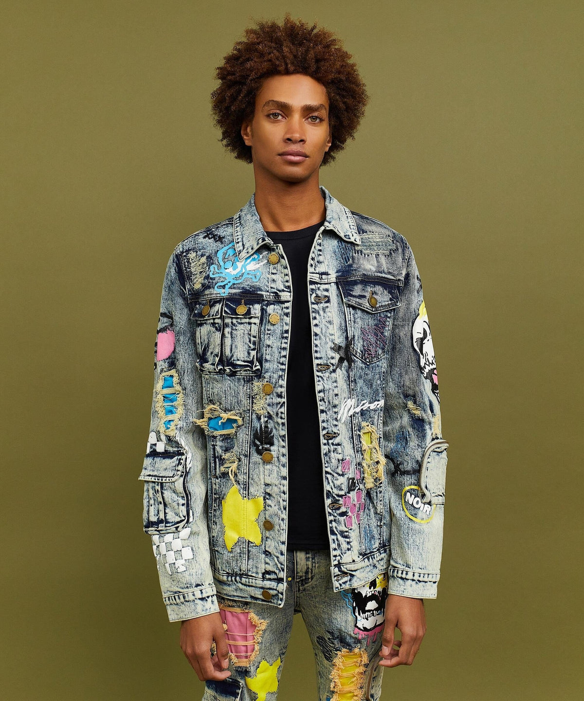 Reason Clothing New | Skull Multi Patched Embroidery Denim Jacket