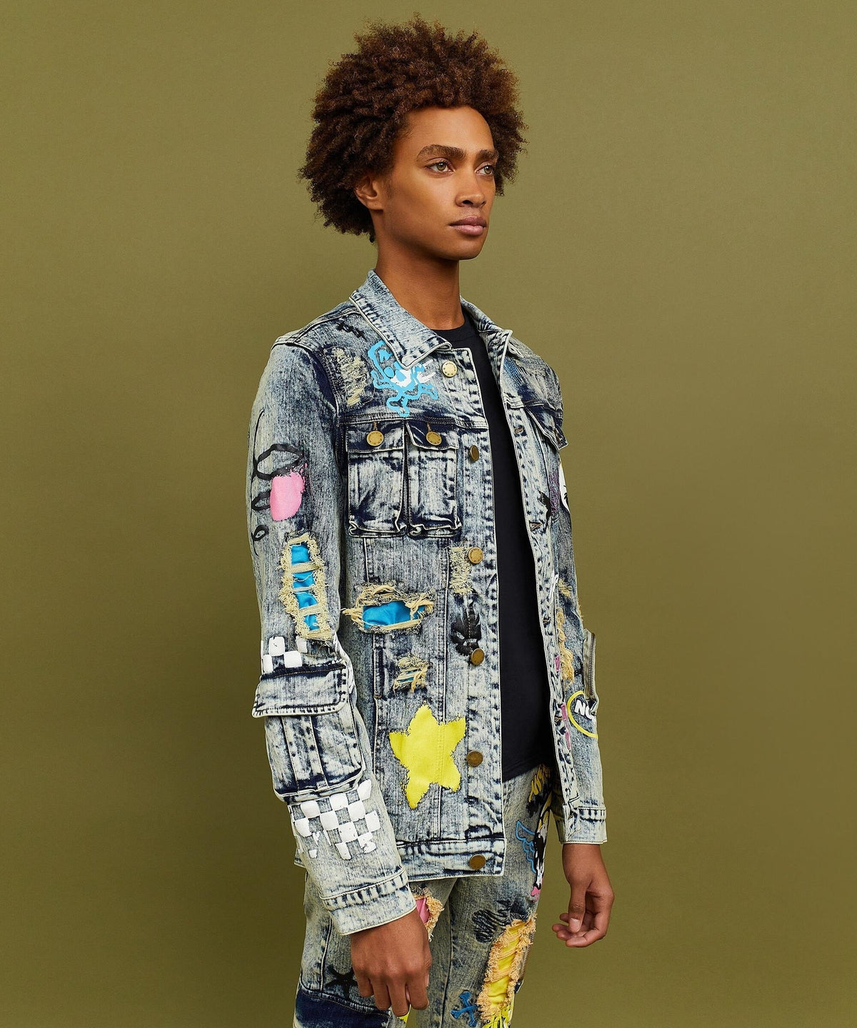 Reason Clothing New | Skull Multi Patched Embroidery Denim Jacket