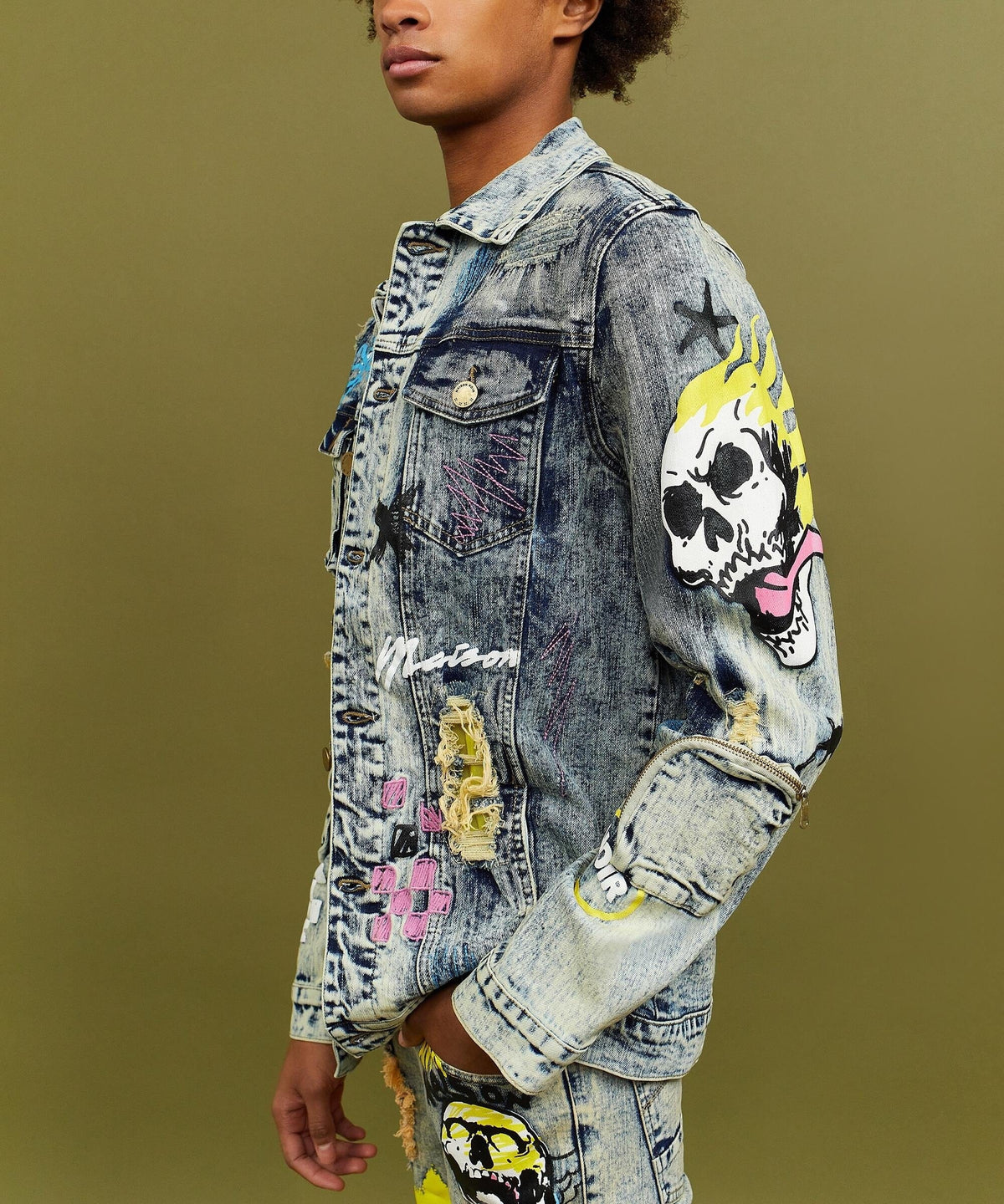 Reason Clothing New | Skull Multi Patched Embroidery Denim Jacket