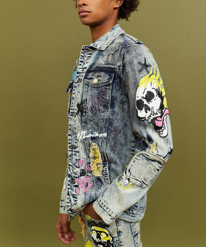 Reason Clothing New | Skull Multi Patched Embroidery Denim Jacket