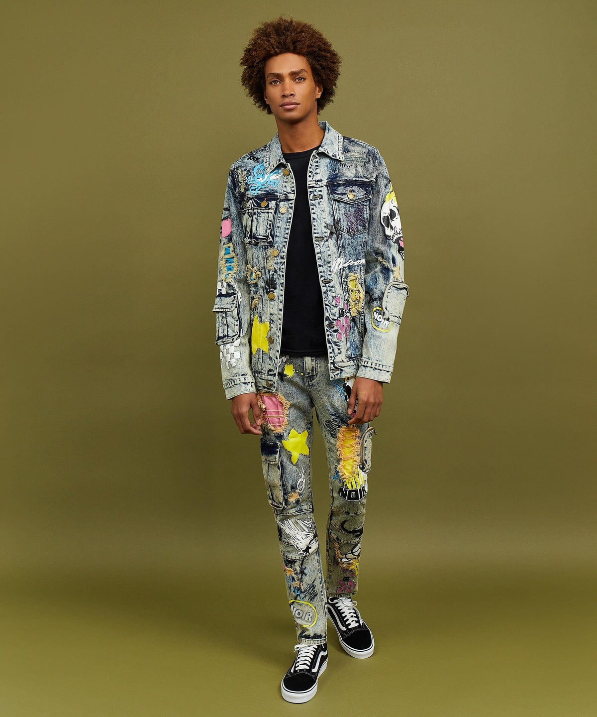 Reason Clothing New | Skull Multi Patched Embroidery Denim Jacket