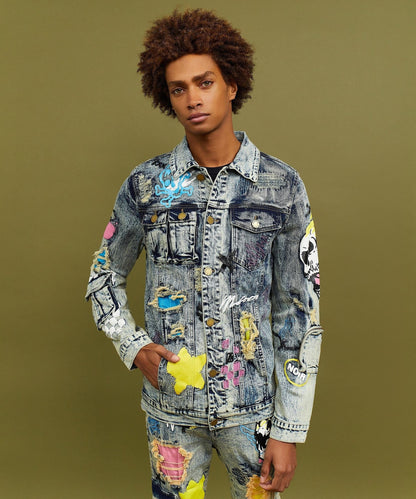 Reason Clothing New | Skull Multi Patched Embroidery Denim Jacket