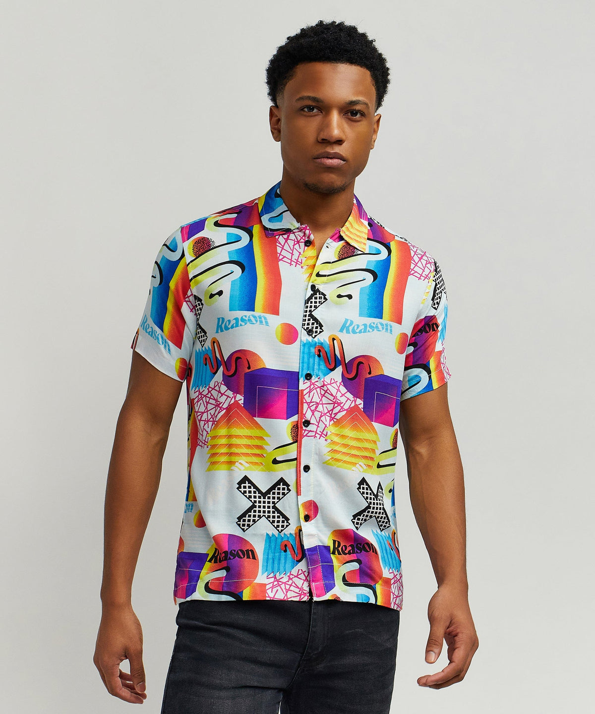 Reason Clothing Popular | Geo Shape Viscose Button-Down Short Sleeve Shirt - Multicolor