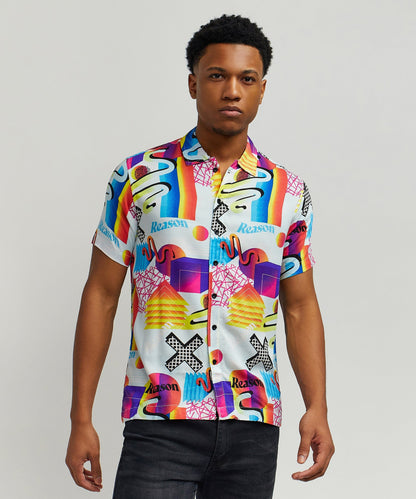 Reason Clothing Popular | Geo Shape Viscose Button-Down Short Sleeve Shirt - Multicolor