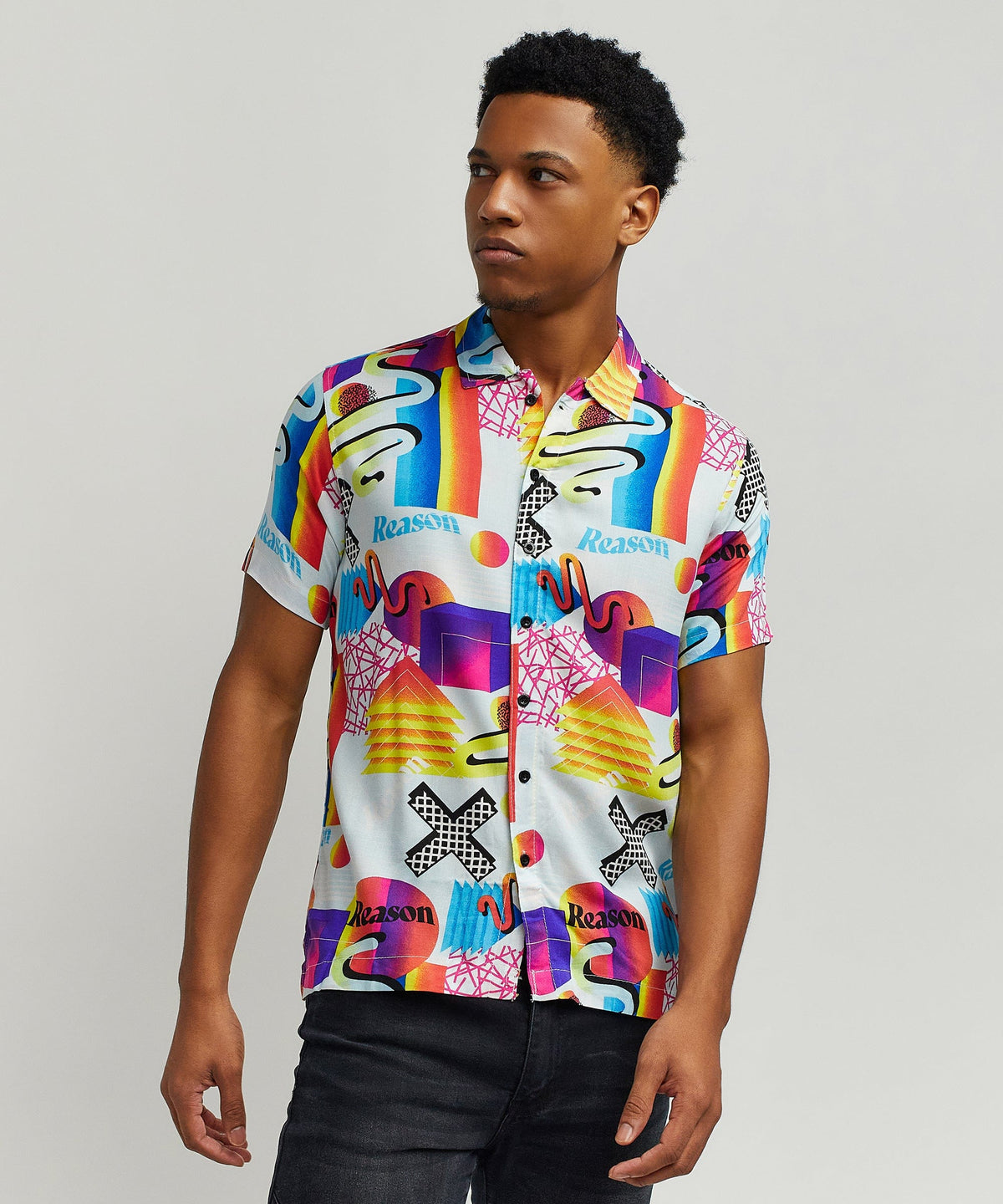 Reason Clothing Popular | Geo Shape Viscose Button-Down Short Sleeve Shirt - Multicolor