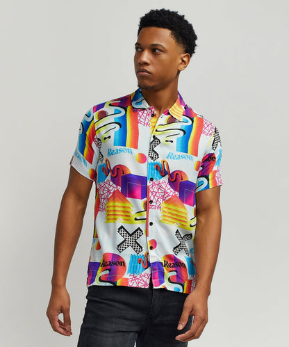 Reason Clothing Popular | Geo Shape Viscose Button-Down Short Sleeve Shirt - Multicolor