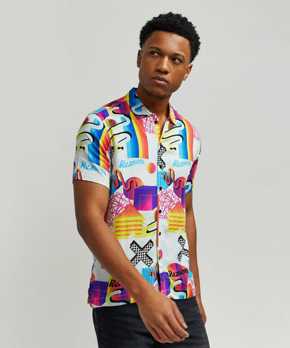 Reason Clothing Popular | Geo Shape Viscose Button-Down Short Sleeve Shirt - Multicolor