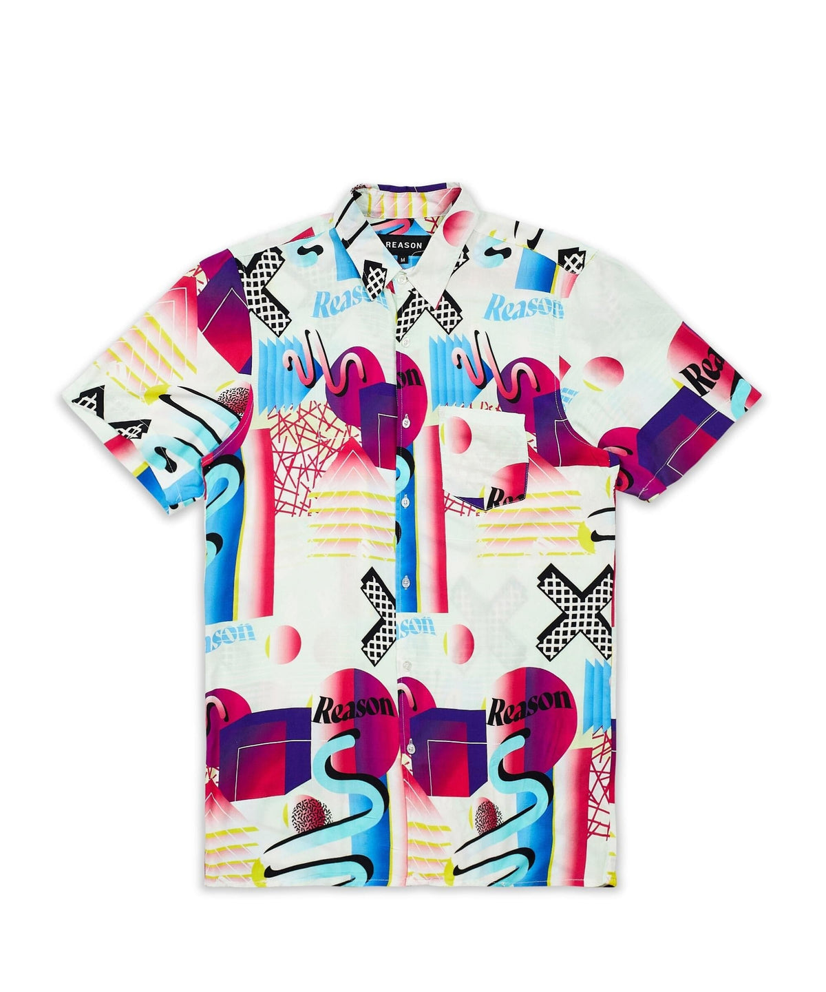 Reason Clothing Popular | Geo Shape Viscose Button-Down Short Sleeve Shirt - Multicolor