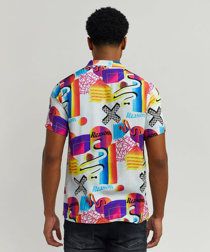 Reason Clothing Popular | Geo Shape Viscose Button-Down Short Sleeve Shirt - Multicolor